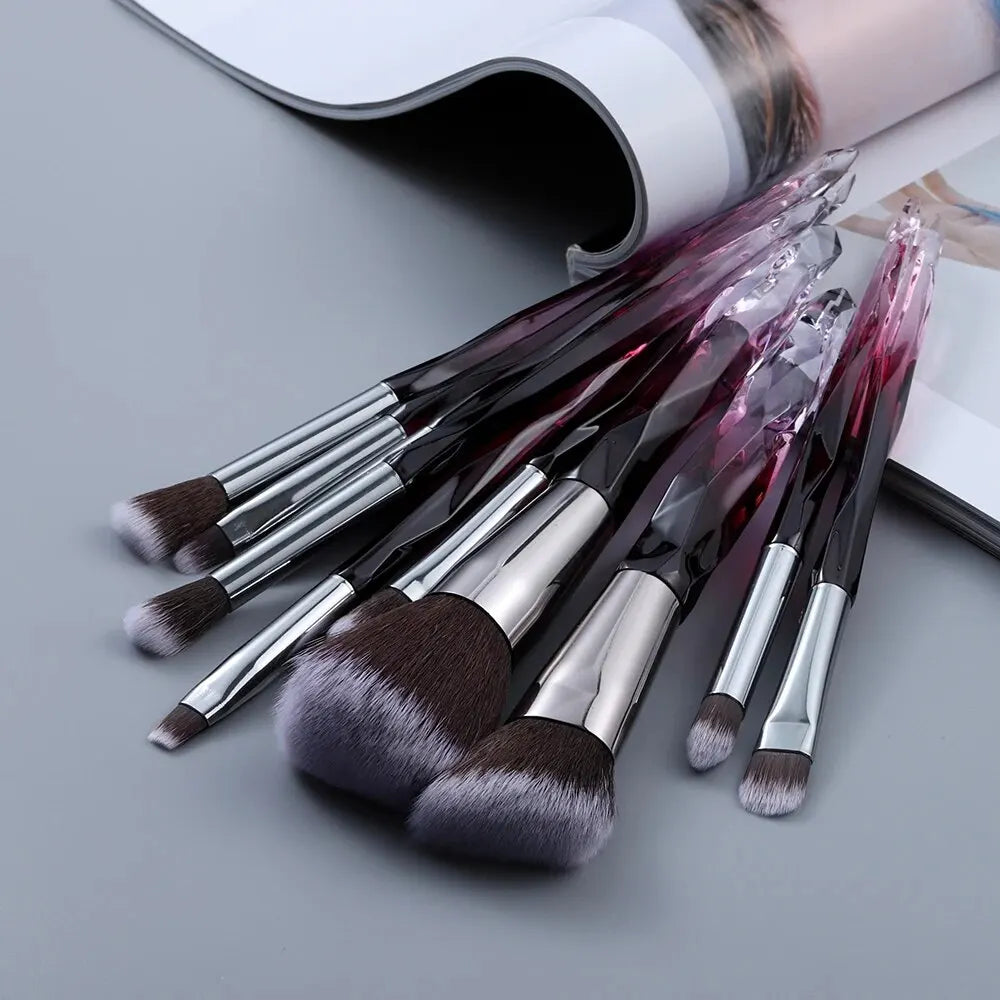 Crystal handle brush set loose spread beauty tools flat lay