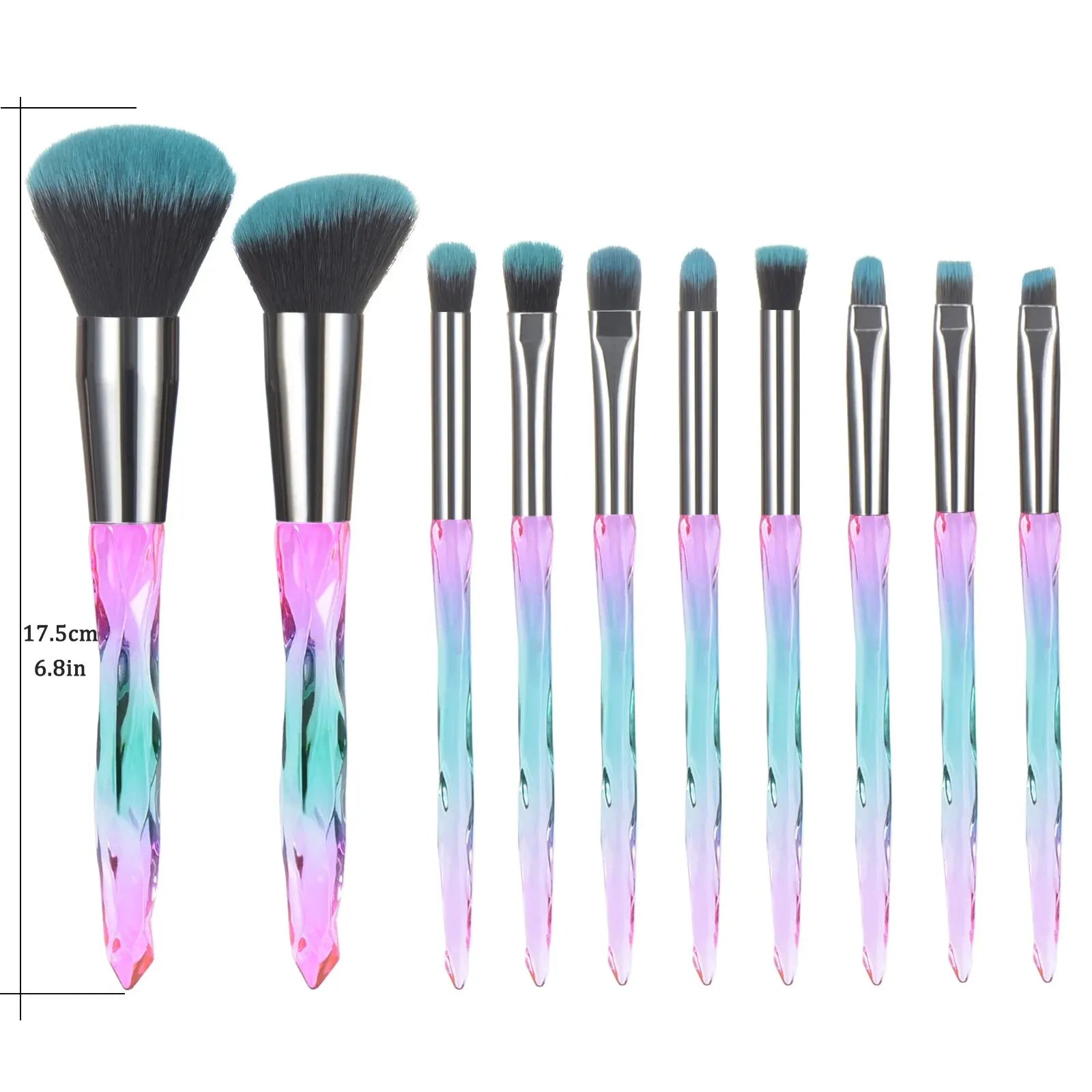 Crystal handle makeup brush set 10pc product flat lay image