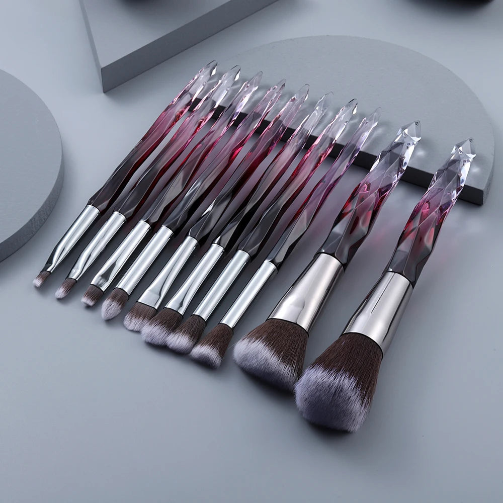 Crystal handle makeup brush set soft nylon bristles 10pc beauty tools