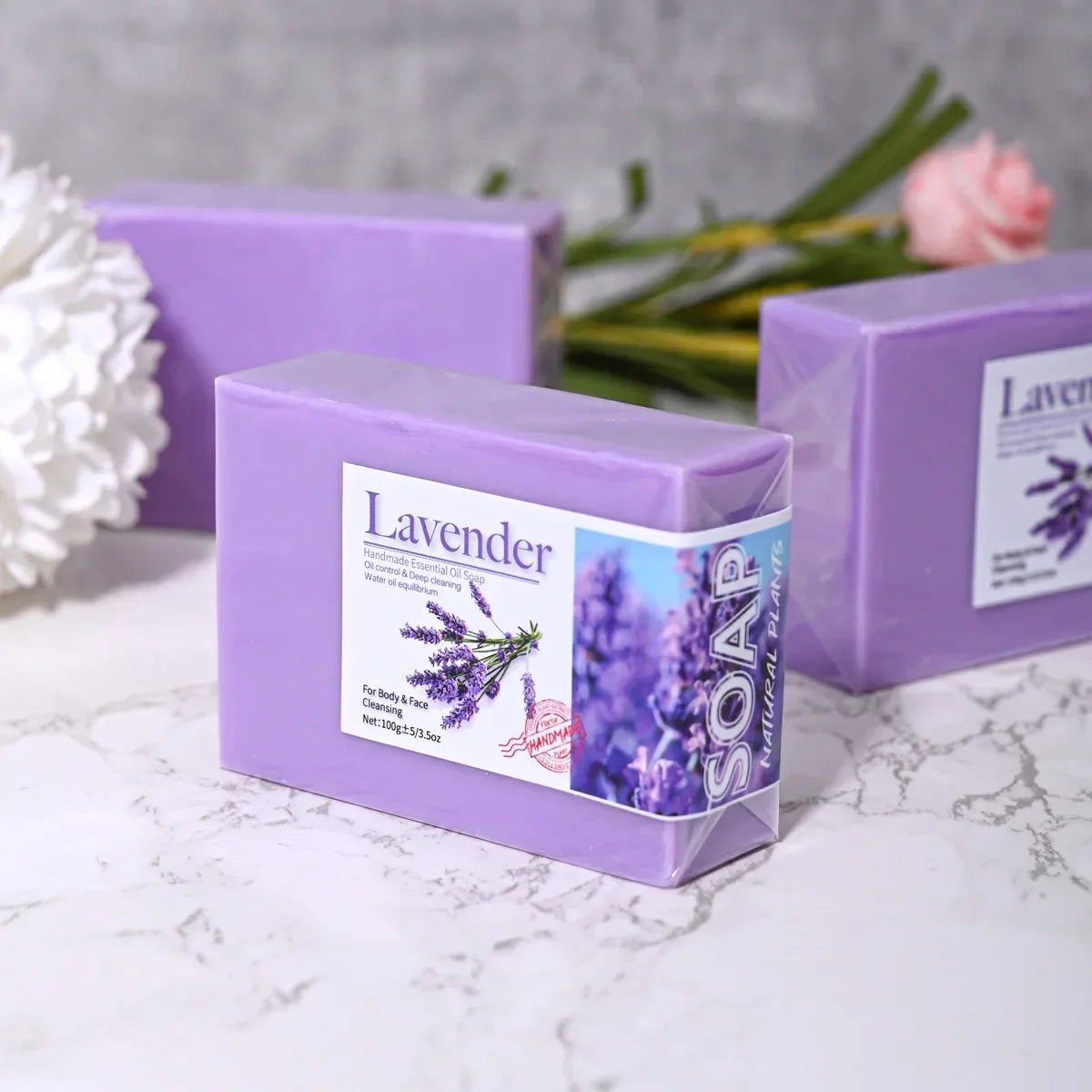 Handmade lavender soap bar close up texture natural botanical ingredients