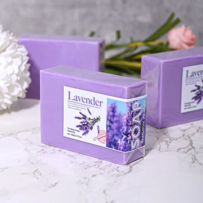 Handmade lavender soap bar close up texture natural botanical ingredients